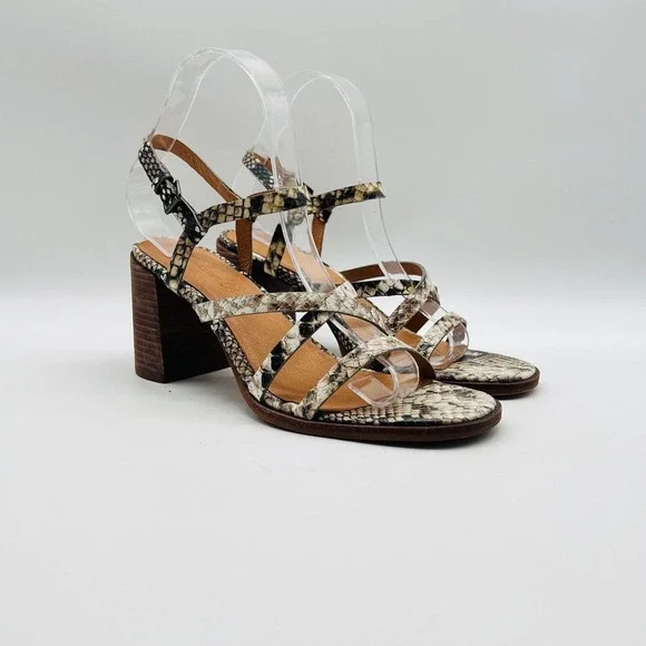 Madewell Womens 7.5 Gray Leather Snake Print Block Heel Strappy Shoes EUC - Picture 2 of 12